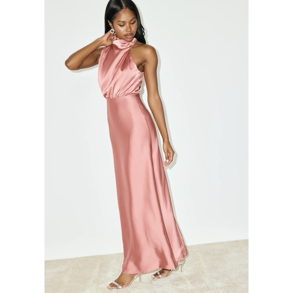 Lulus Size Medium Distinctive Charm Rose Pink Satin Asymmetrical Maxi Dress NWT